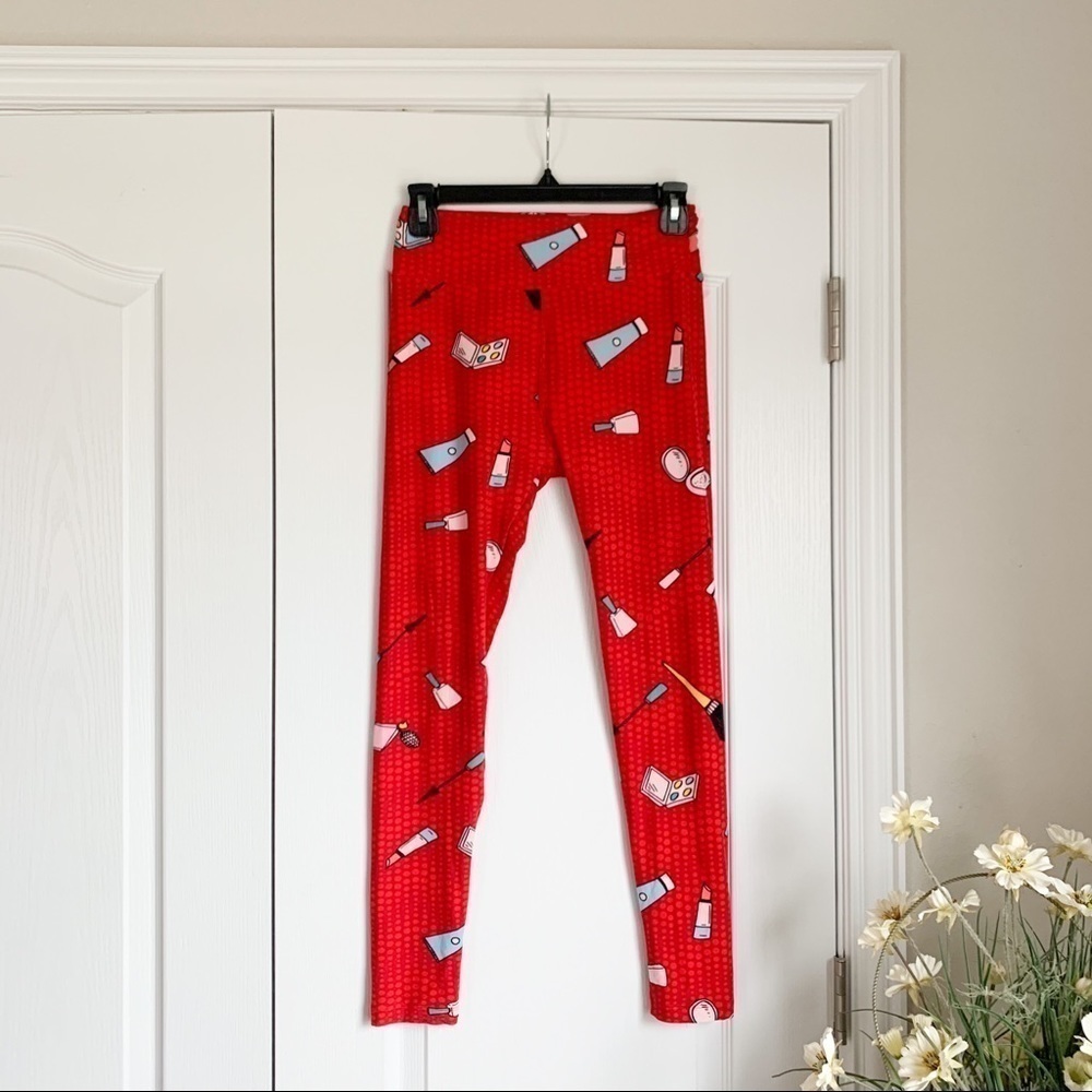 LuLaRoe OS Leggings Womens One Size Red‎ Geometric Print Buttery Soft Stretch